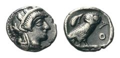 Attica, Athens AR Obol.Attica, Athens AR Obol. Circa 454-404 BC. Helmeted head of Athena right / Owl standing right, head facing; olive sprig behind; all within incuse square. Kroll 13; SNG Copenhagen
