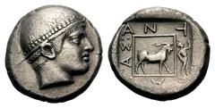 Thrace, Ainos AR Tetradrachm.Thrace, Ainos AR Tetradrachm. Circa 450 BC. Head of Hermes to right, wearing petasos, inscribed and a with beaded border and a button on top / Goat standing right within l