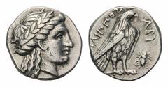 Troas, Abydos AR Hemidrachm.Troas, Abydos AR Hemidrachm. Circa 411-387 BC. Hyllippos as magistrate. Head of Apollo right, wearing laurel wreath / ABY, eagle standing right; [ΥΛ]ΛΙΠΠΟΣ to left, bee to 