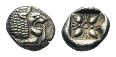 Ionia, Miletos AR Obol.Ionia, Miletos AR Obol. Late 6th-early 5th century BC. Forepart of lion left, head reverted / Stellate pattern in incuse square. SNG Kayhan 462-75; SNG Copenhagen 952-953. 1.13g