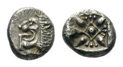 Ionia, Miletos AR Obol.Ionia, Miletos AR Obol. Late 6th-early 5th century BC. Forepart of lion left, head reverted / Stellate pattern in incuse square. SNG Kayhan 476-82; SNG Copenhagen 944-53. 1.06g,