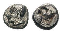 Ionia, Phokaia AR Diobol.Ionia, Phokaia AR Diobol. Circa 521-478 BC. Archaic female head left / Quadripartite incuse square. Klein 452-3. 1.33g, 8mm. Slightly porous, otherwise Extremely Fine.