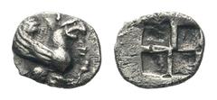 Ionia, Teos AR Obol.Ionia, Teos AR Obol. Circa 500-460 BC. Griffin seated right / Quadripartite incuse square. Balcer 69; SNG Copenhagen -; Klein 473. 0.32g, 8mm. Very Fine.