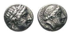 Lesbos, Mytilene AR Diobol.Lesbos, Mytilene AR Diobol. Circa 400-350 BC. Laureate head of Apollo right / Female head right. SNG von Aulock 1744 var; SNG Copenhagen 367. 1.27g, 9mm, 11h. Very Fine.