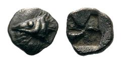 Mysia, Kyzikos AR Hemiobol.Mysia, Kyzikos AR Hemiobol. Circa 550-480 BC. Head of tunny right; a second tunny above / Quadripartite incuse square. Rosen 515 var. (head left); SNG von Aulock 7323. 0.49g