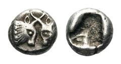 Karia, uncertain mint AR Obol.Karia, uncertain mint AR Obol. 5th century BC. Foreparts of two confronted bulls, with horns intertwined / Irregular Incuse. Traité -; SNG Kayhan - (but cf. 949ff); SNG K