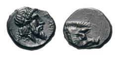 Karia, Euromos AR Hemiobol.Karia, Euromos AR Hemiobol. Circa 5th Century BC. Forepart of boar right / Laureate, bearded head right within incuse square. Cf. Ashton-Kinns II, 5. 0.41g, 7mm, 7h. Extreme