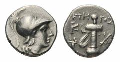 Karia, Kaunos AR Hemidrachm.Karia, Kaunos AR Hemidrachm. Circa 166-150 BC. Ktegos magistrate. Head of Athena right, wearing crested Corinthian helmet / Sword in sheath with strap; ΚΤΗΓΟΣ above, cornuc