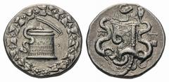 Phrygia, Apameia AR Cistophoric Tetradrachm.Phrygia, Apameia AR Cistophoric Tetradrachm. Circa 150-140 BC. Cista mystica with serpent; all within ivy wreath / Bow-case with serpents; kithara to the ri