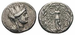 Phoenicia, Arados AR Tetradrachm.Phoenicia, Arados AR Tetradrachm. Dated CY 195 = 65/4 BC. Veiled, draped, and turreted bust of Tyche right / Nike advancing left, holding wreath and palm frond; in lef