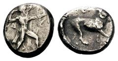 Cyprus, Kition AR Stater.Cyprus, Kition AR Stater. Struck under Baalmelek I. Circa 479-449 BC. Herakles advancing right, wearing lion's skin, holding club and bow / Lion standing right, thunderbolt ab