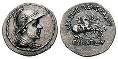 Baktria, Greco-Baktrian Kingdom. Eukratides I AR Tetradrachm.Baktria, Greco-Baktrian Kingdom. Eukratides I AR Tetradrachm. Circa 171-145 BC. Helmeted bust of Eukratides right / The Dioskouroi on horse