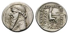 Kingdom of Parthia, Mithradates II AR Drachm.Kingdom of Parthia, Mithradates II AR Drachm. Rhagai, 121-91 BC. Diademed and draped bust left / Archer (Arsakes I) seated right, holding bow. Sellwood 26.