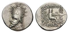 Kingdom of Parthia, Sinatrukes AR Drachm.Kingdom of Parthia, Sinatrukes AR Drachm. Ekbatana circa 93-69 BC. Diademed and draped bust left / Archer (Arsakes I.) seated right on throne, holding bow. Sel