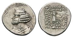 Kingdom of Parthia, Phraates III AR Drachm.Kingdom of Parthia, Phraates III AR Drachm. Rhagai, circa 67-62 BC. Diademed and draped bust left / Archer (Arsakes I.) seated right on throne, holding bow; 
