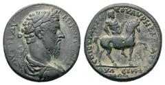 Commodus Æ34 of Thyateira, Lydia.Commodus Æ34 of Thyateira, Lydia. AD 177-192. Marcus Aurelius Athenaeus, strategos. Laureate, draped and cuirassed bust right / Apollo-Tyrimnaios on horseback right, h