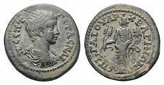 Geta as Caesar Æ23 of Bagis, Lydia.Geta as Caesar Æ23 of Bagis, Lydia. AD 198-209. Bareheaded and draped bust right / Tyche standing left holding rudder, grain ears and cornucopiae. BMC 44. 6.96g, 23m