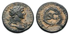 Trajan Æ Semis.Trajan Æ Semis. Struck in Rome for circulation in Syria, AD 116. Radiate bust right, folds of cloak on front shoulder and behind neck / Oak wreath with ties, large SC within. BMCRE 1100
