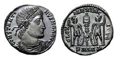 Constantine I Æ Follis.Constantine I Æ Follis. Antioch, AD 330-335. Rosette-diademed, draped and cuirassed bust right / Two soldiers standing facing one another, each holding spear; two signa between;