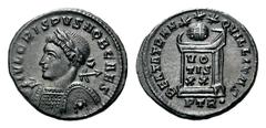 Crispus Æ Follis.Crispus Æ Follis. Trier, AD 322. Laureate and cuirassed bust left, holding spear and shield / Globe set on altar inscribed VO-TIS-XX, three stars above, PTR in exergue. RIC 347. 3.30g