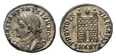 Constantine II Æ Follis.Constantine II Æ Follis. Antioch, AD 326-327. Laureate, draped and cuirassed bust left / Camp gate with two turrets, star above, eleven stone layers, SMANTΔ in exergue. RIC 65.