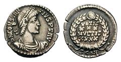 Constantius II AR Reduced Siliqua.Constantius II AR Reduced Siliqua. Arelate, AD 325-326. Pearl-diademed, draped and cuirassed bust right / VOTIS XXX MVLTIS XXX in four lines within wreath / SCON in e