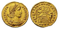 Constantius II AV Solidus.Constantius II AV Solidus. Constantinople, circa AD 337-340. Rosette diademed, draped and cuirassed bust right / Victory seated right on cuirass holding shield, supported by 