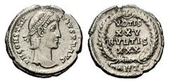 Constantius II AR Siliqua.Constantius II AR Siliqua. Antioch, AD 347-355. Pearl-diademed head right / VOTIS XXV VOTIS XXX in four lines within wreath; ANT in exergue. RIC 106. 2.95g, 20mm, 11h. Very F
