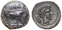 Sicily, Gela Æ Tetras. Circa 420-405 BC. Bull standing left, ΓEΛAΣ above, three pellets in exergue / Head of river-god Gelas right, grain-ear behind. CNS III, p. 8, 7; SNG ANS 106. 3.44g, 17mm, 6h. Ab