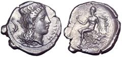 Sicily, Thermai Himerensis AR Didrachm. Circa 365-350 BC. Head of Hera right, wearing stephane ornamented with foreparts of three griffins to right; dolphin behind, ΘERMITAN around / Youthful Herakles