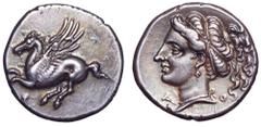 Corinthia, Corinth AR Drachm. Circa 308-307 BC. Pegasos flying left, Q below / Head of Aphrodite left, wearing earring and necklace, hair tied with ribbon and bound at top, falling loose behind; Δ-O a