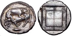 Macedon, Akanthos AR Tetradrachm. Circa 425 BC. Bull collapsing to left, head lowered, attacked and mauled by lion upon his back to right; tunny fish swimming to left in exergue / Quadripartite square
