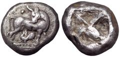 Macedon, Ennea-Hodoi (?) AR Stater. Circa 500-480 BC. Cow standing right, head left towards calf suckling left below; pellet above / Quadripartite incuse square divided diagonally. HPM p. 139, 2; AMNG