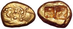 Kingdom of Lydia AV Stater. In the types of Kroisos. Time of Cyrus to Darios I. Sardes, circa 547-520 BC. Confronted foreparts of lion, with extended right foreleg, and bull / Two incuse square punche