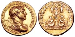 Trajan AV Aureus. Rome, AD 116. IMP CAES NER TRAIAN OPTIM AVG GER DAC PARTHICO, laureate, draped and cuirassed bust right / P M TR P COS VI P P S P Q R, Parthia seated right, head facing, in attitude 