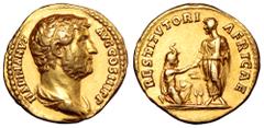 Hadrian AV Aureus. Rome, AD 134-138. HADRIANVS AVG COS III P P, bare-headed and draped bust right / RESTITVTORI AFRICAE, Hadrian, togate, standing left, holding roll in left hand and extending right t