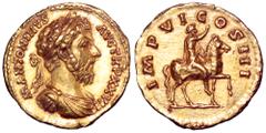 Marcus Aurelius AV Aureus. Rome, AD 172-173. M ANTONINVS AVG TR P XXVII, laureate, draped and cuirassed bust right / IMP VI COS III, Marcus Aurelius on horseback right, raising right hand and holding 