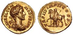 Commodus, as Caesar, AV Aureus. Rome, AD 178. L AVREL COMMODVS AVG, laureate, draped and cuirassed bust right / TR P III IMP II COS P P, Castor standing left, holding spear and horse by its bridle. RI