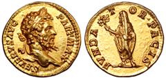 Septimius Severus AV Aureus. Rome, AD 201. SEVERVS AVG PART MAX, laureate head right / FVNDATOR PACIS, Severus, veiled, standing left, holding branch and scroll. RIC 160; Calicó 2459; C. 202; BMC 189.