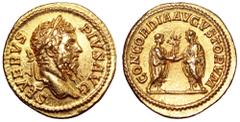 Septimius Severus, with Caracalla and Geta, AV Aureus. Rome, AD 202-210. SEVERVS PIVS AVG, laureate head right / CONCORDIA AVGVSTORVM, Caracalla and Geta, each laureate and togate, standing facing eac