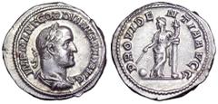 Gordian II AR Denarius. Rome, AD 238. IMP M ANT GORDIANVS AFR AVG, laureate, draped and cuirassed bust right / PROVIDENTIA AVGG, Providentia standing facing, head to left, leaning on column to right a