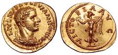 Uranius Antoninus AV Aureus. Emesa, AD 253-254. L IVL AVR SVLP VRA ANTONINVS, laureate, draped and cuirassed bust right / VICTORIA AVG, Victory advancing left, holding wreath and palm. RIC 9; Calicó 3