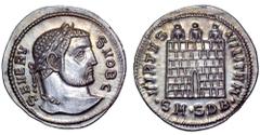 Severus II, as Caesar, AR Argenteus. Serdica, AD 305-306. SEVERVS NOB C, laureate head right / VIRTVS MILITVM, three-turreted camp-gate with no doors, pellet in doorway, ·SM·SDB· in exergue. RIC -; Ga