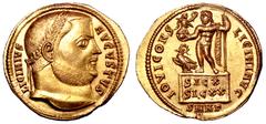 Licinius I AV Aureus. Nicomedia, AD 317-318. LICINIVS AVGVSTVS, laureate head right / IOVI CONS LICINI AVG, Jupiter standing left on platform, holding Victory on globe and leaning on sceptre; eagle wi