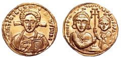 Justinian II, Second Reign, AV Solidus. Constantinople, AD 705-711. d N IhS ChS RЄX RЄGNANTIVM, bust of Christ facing, with cross behind head, with curly hair and short beard, wearing pallium and colo