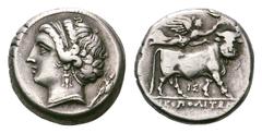 Campania, Neapolis AR Didrachm. Campania, Neapolis AR Didrachm. Circa 325-241 BC. Head of the nymph Parthenope left, trophy behind / Nike flying left crowning a man-headed bull, below IS, ΝΕΑΠΟΛΙΤΩΝ i