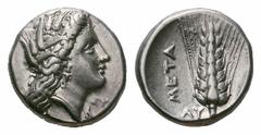 Lucania, Metapontum AR Didrachm. Lucania, Metapontum AR Didrachm. 330-290 BC. Head of Demeter right, wearing wreath of barley ears, triple-pendant earring, and necklace / META, barley ear of seven gra