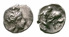 Calabria, Taras AR Diobol. Calabria, Tarentum AR Diobol. Circa 380-325. Head of Athena right, wearing crested helmet decorated with Skylla / Herakles kneeling right, holding club, fighting the Nemean 