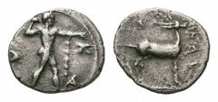 Bruttium, Kaulonia AR Diobol. Bruttium, Kaulonia AR Diobol. 425-420 BC. KA-V. Nude Apollo walking right, holding branch in raised right arm / KAV, Stag standing right; ivy leaf above. Noe, Caulonia Gr