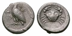 Sicily, Akragas AR Didrachm. Sicily, Akragas AR Didrachm. Circa 490-483 BC. Sea eagle standing left, AK above, RA below / Crab within incuse circle. SNG ANS 950. 8.70g, 21mm, 6h. Very Fine.